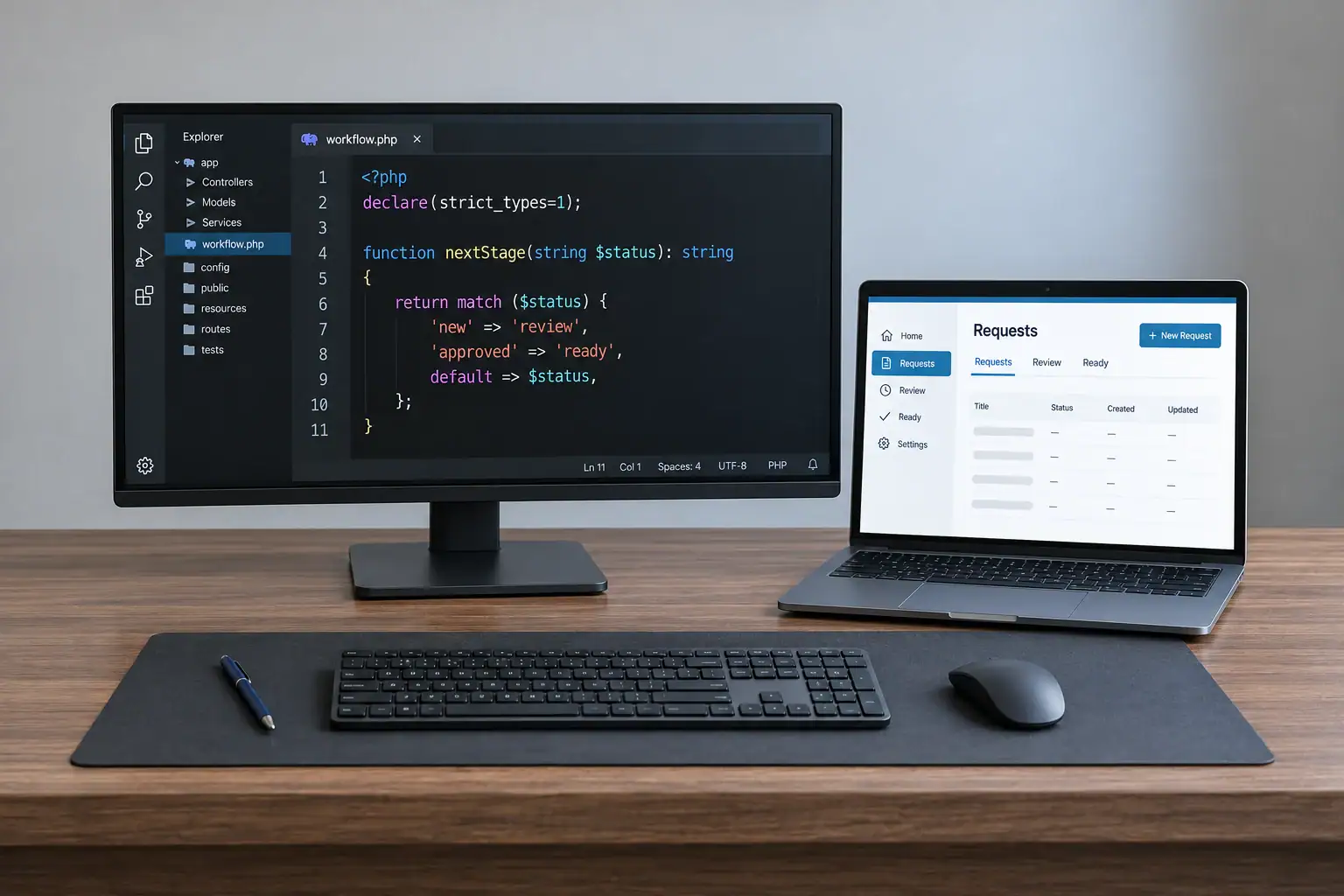 A realistic development workspace pairs newly authored PHP with a neutral operations application.