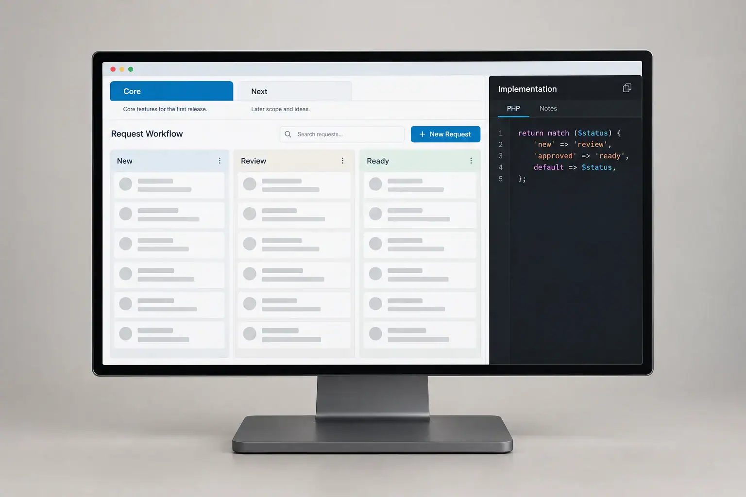 A coherent application prototype connects core tasks with planned future features.