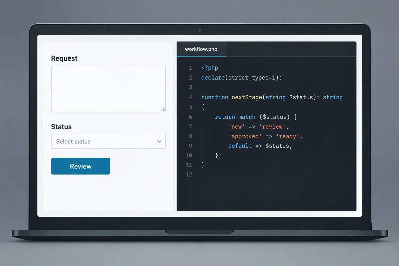 A crafted app interface and typed code layer show how workflow rules shape a custom application.