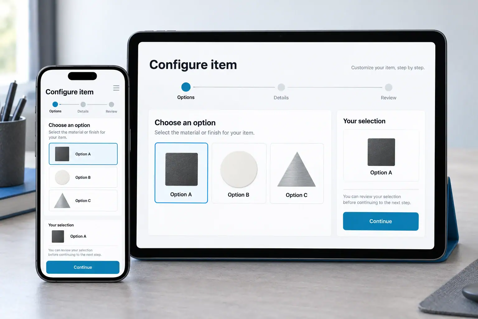 A white-label configuration app on tablet and phone guides a user through clear options and review.