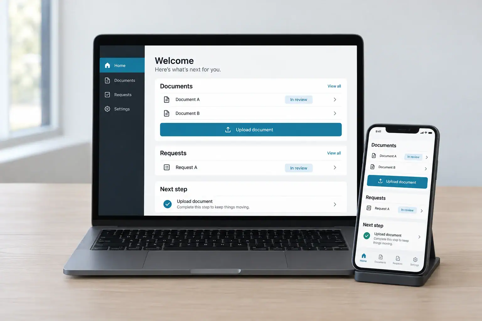 A neutral client workspace presents documents, request status and the next action on laptop and phone.