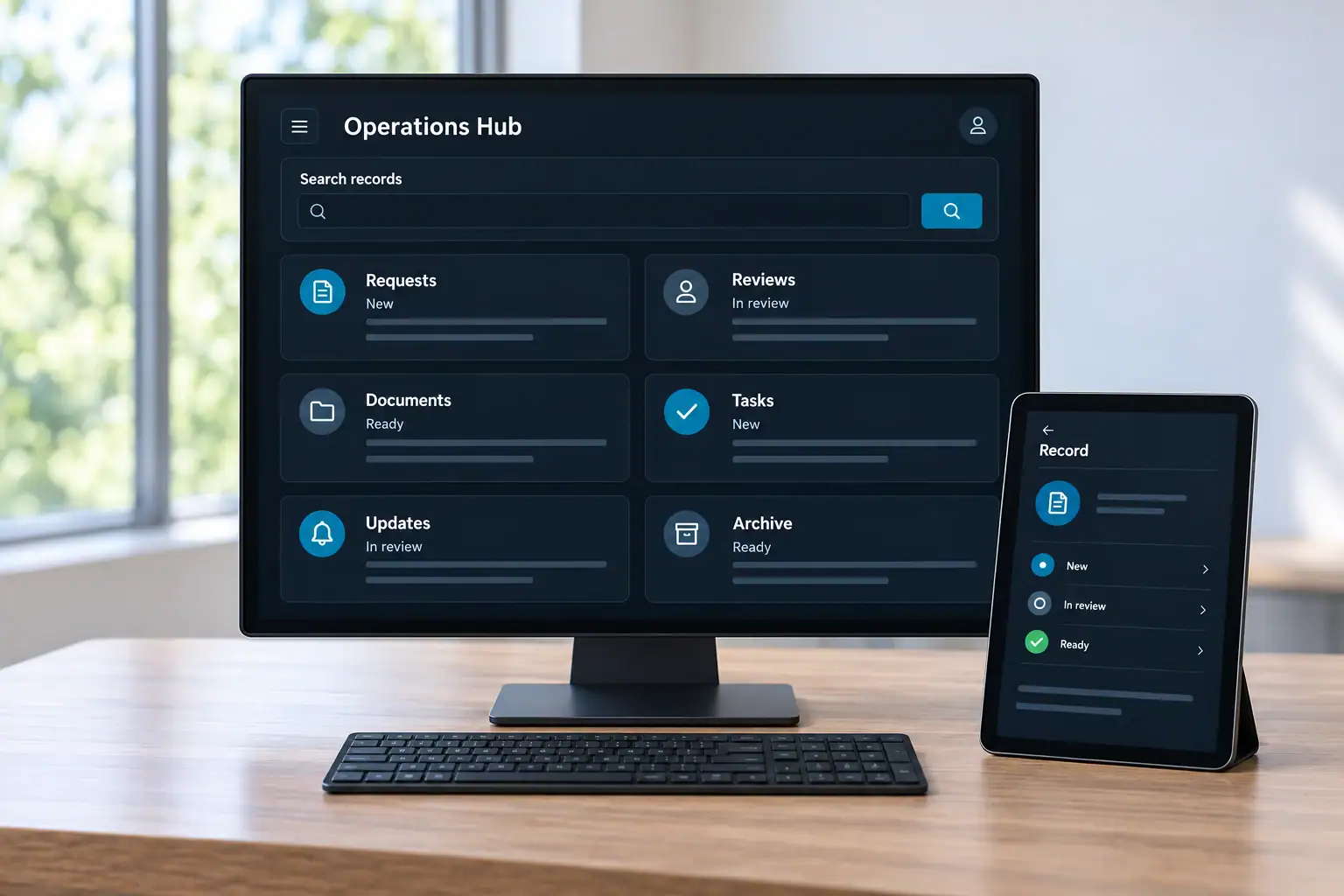 A realistic white-label operations dashboard organizes requests, reviews and documents without client-specific data.