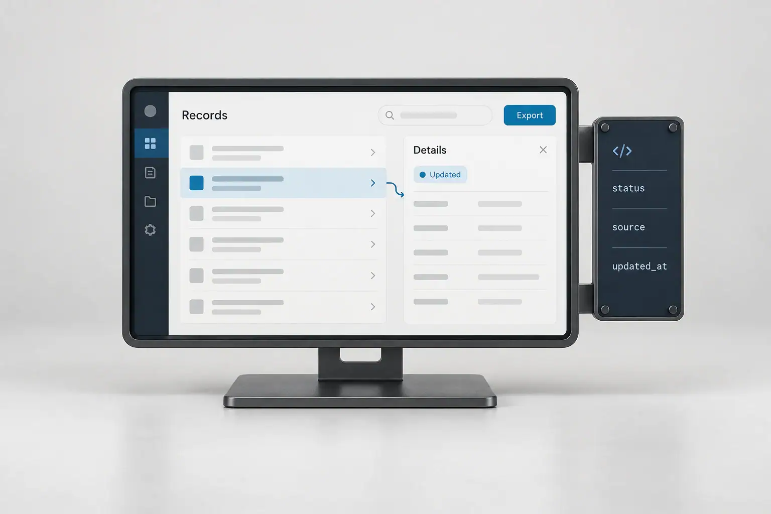 A clear reporting interface shows current status, a selected record and an export action.