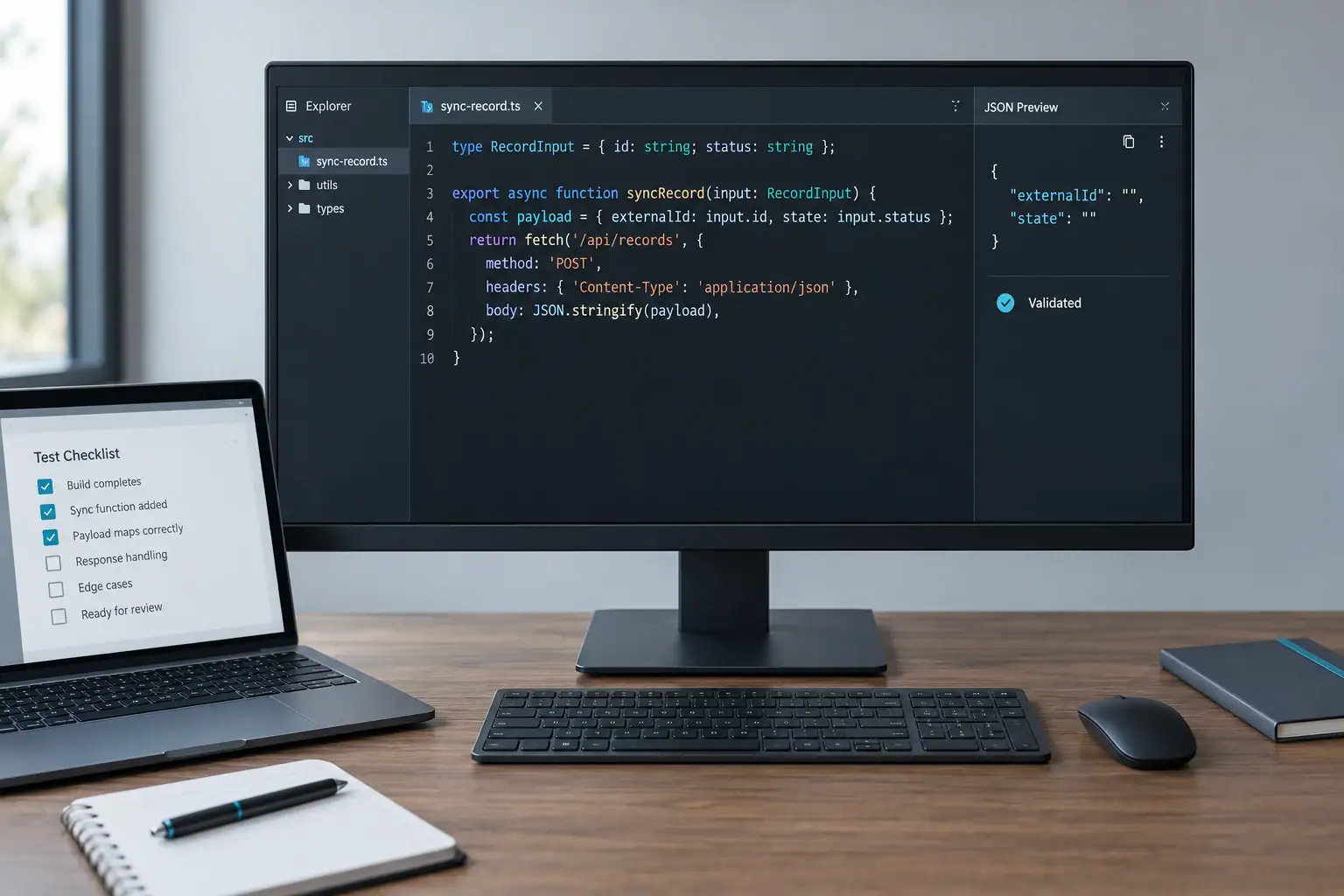A realistic code editor and API validation panel show a neutral record integration being developed.
