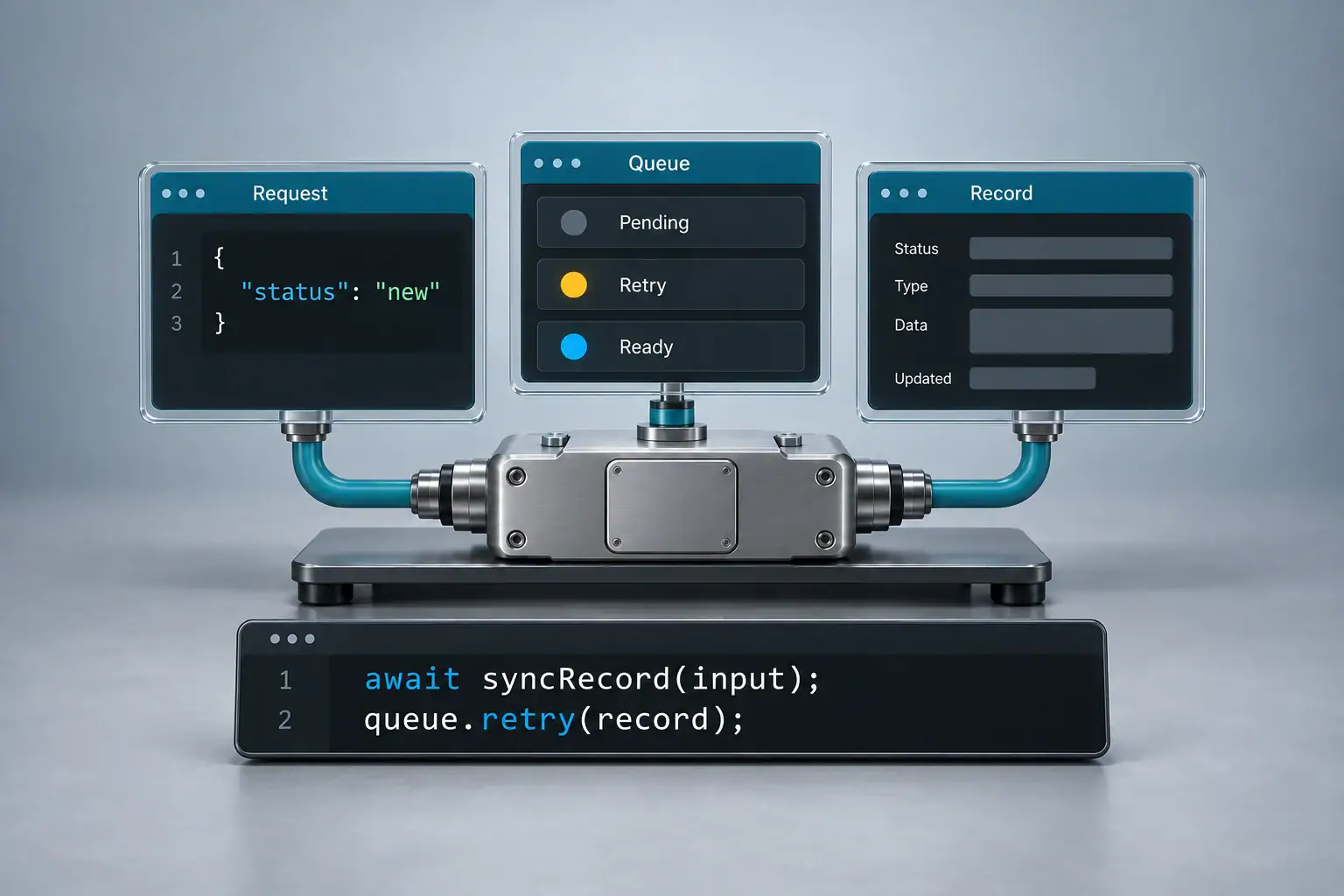 An API request, queue and validated record form a compact technical workflow display.