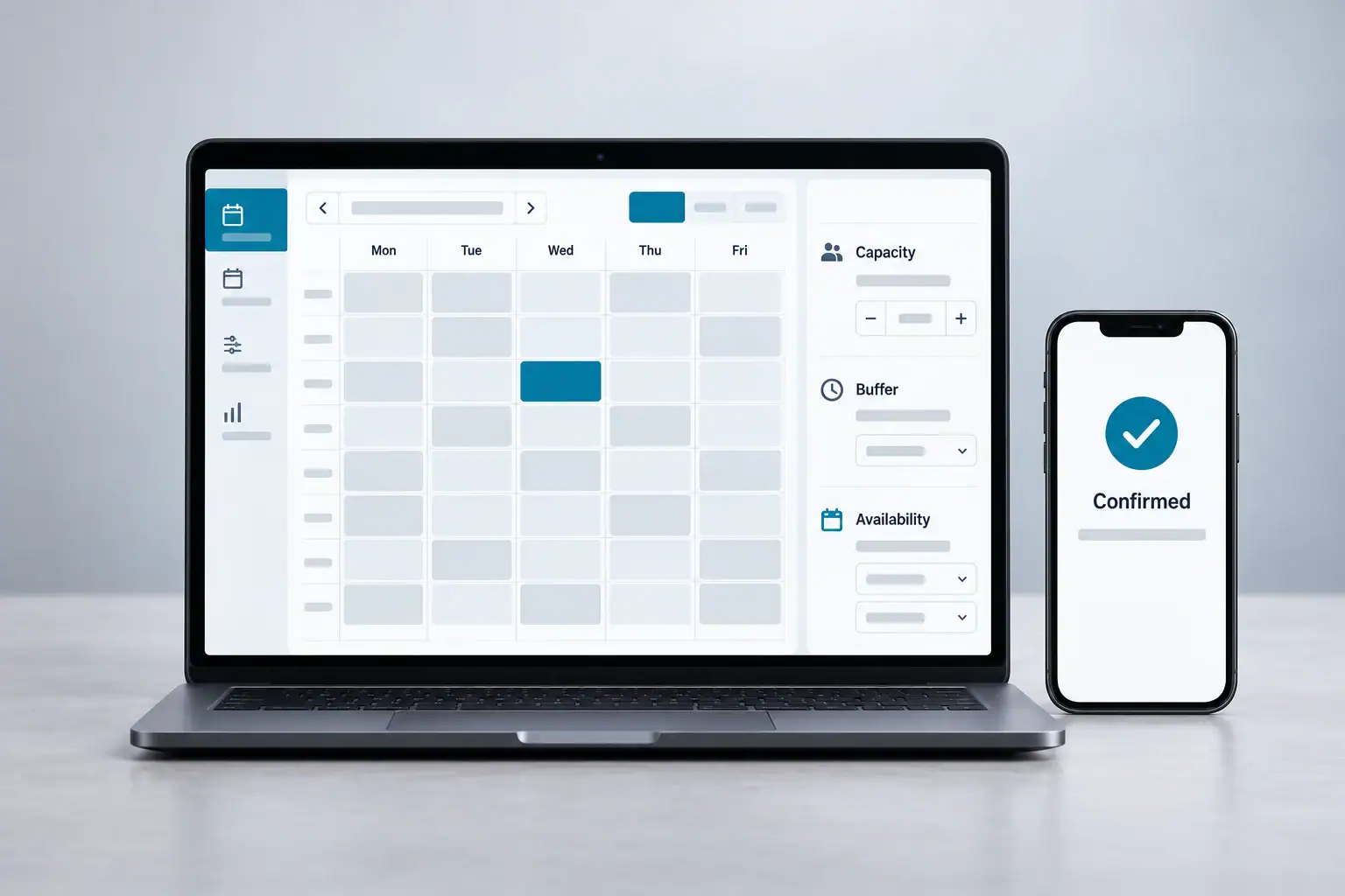 A neutral scheduling interface pairs available slots with a matching appointment confirmation.