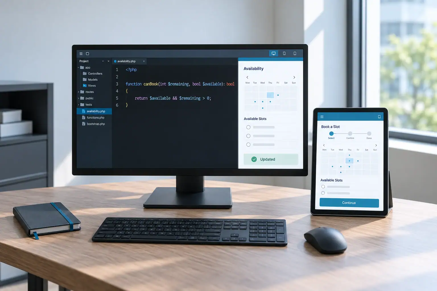 A developer tests a neutral scheduling interface beside a readable PHP availability function.