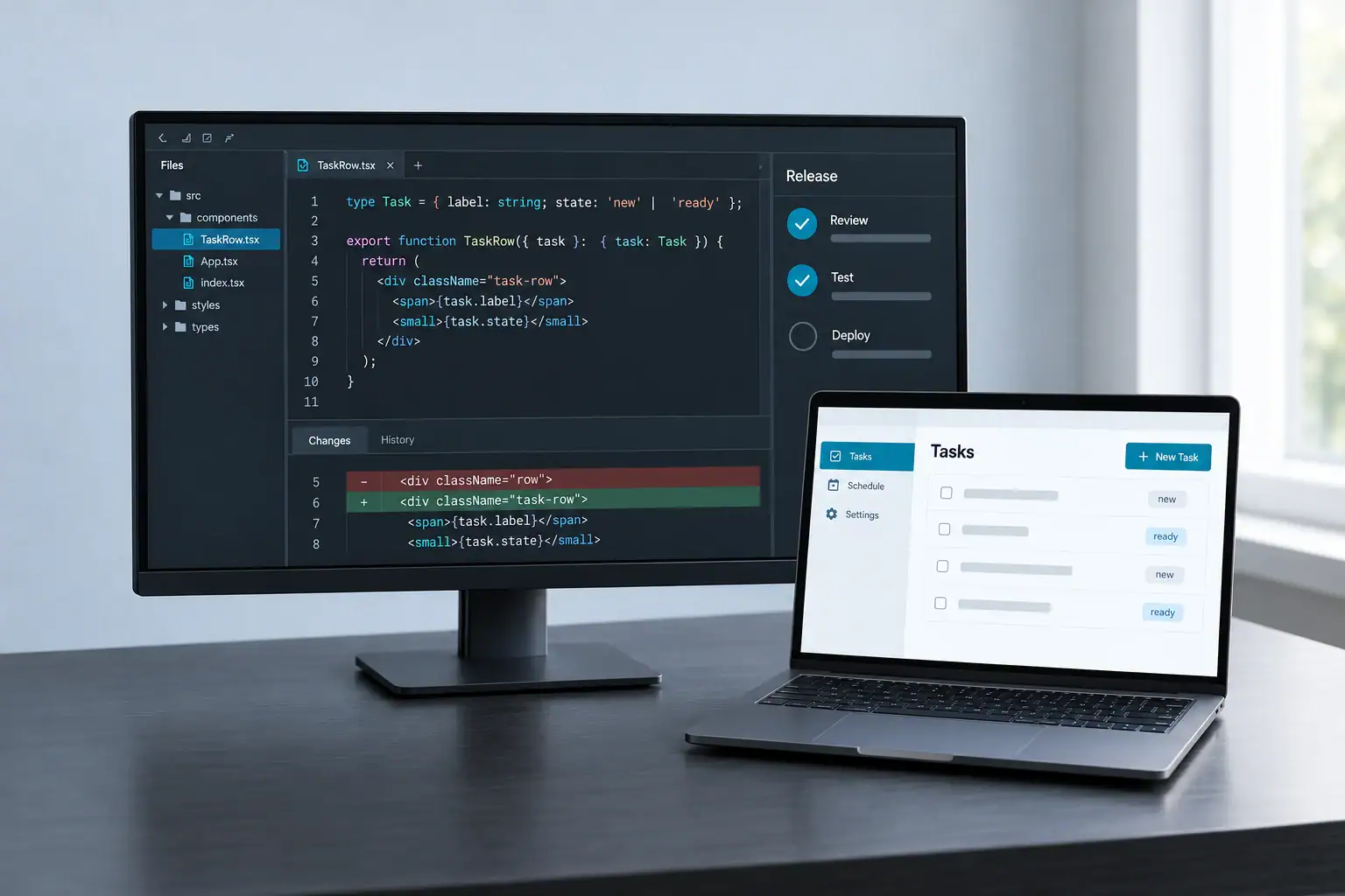 A modern typed component and a concise review-test-deploy board show ongoing application development.