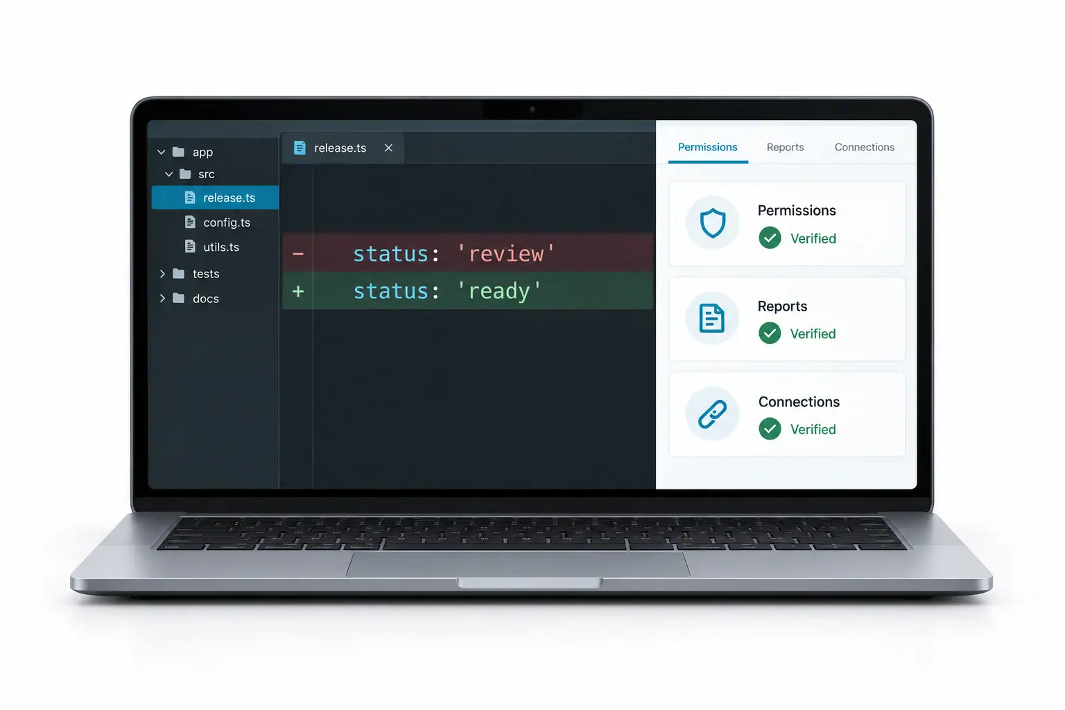 A clear code-diff study connects a software change with permissions, reports and integration tests.