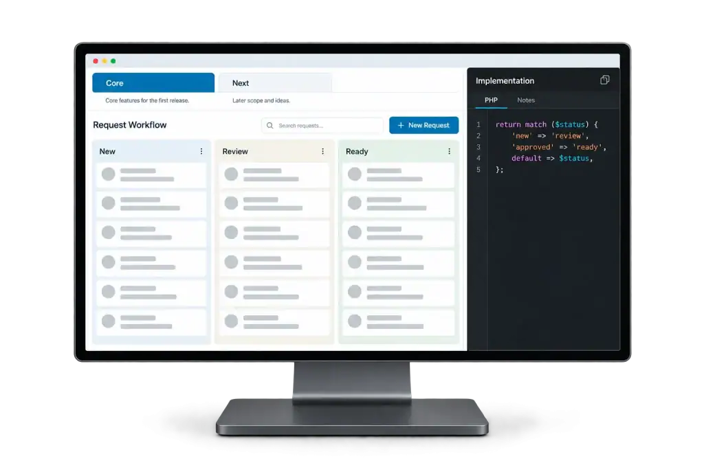 An isolated code pane and neutral application workflow connect software logic with useful business tasks.
