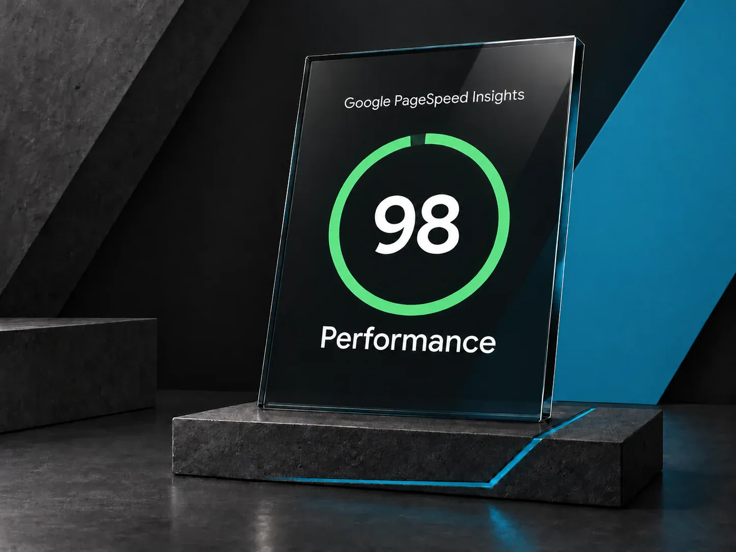 Google PageSpeed Insights performance plaque displaying 98 in a green ring, with charcoal and JWM-blue architectural accents.
