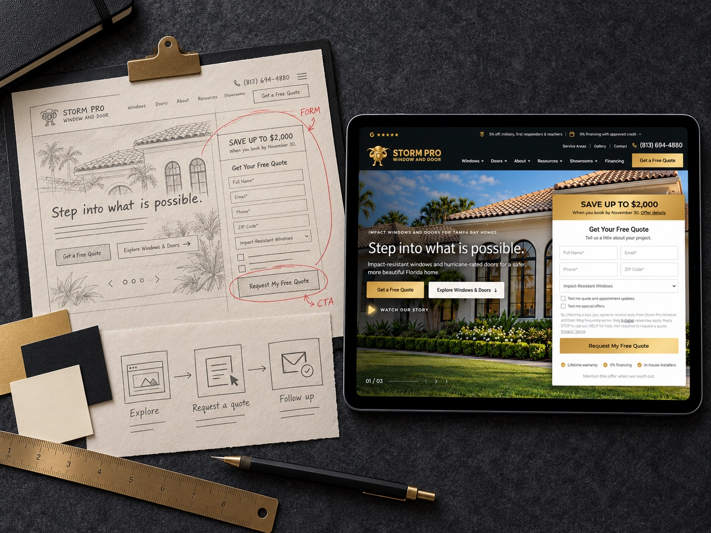 Storm Pro Window and Door homepage wireframe with the quote form marked up, next to a tablet showing the finished design