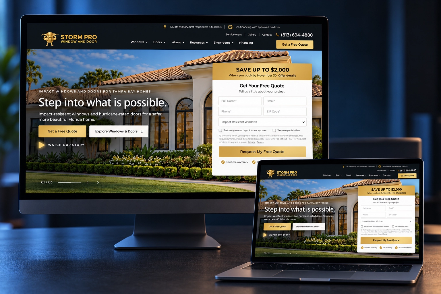 Storm Pro Window and Door website shown on a desktop monitor and a laptop