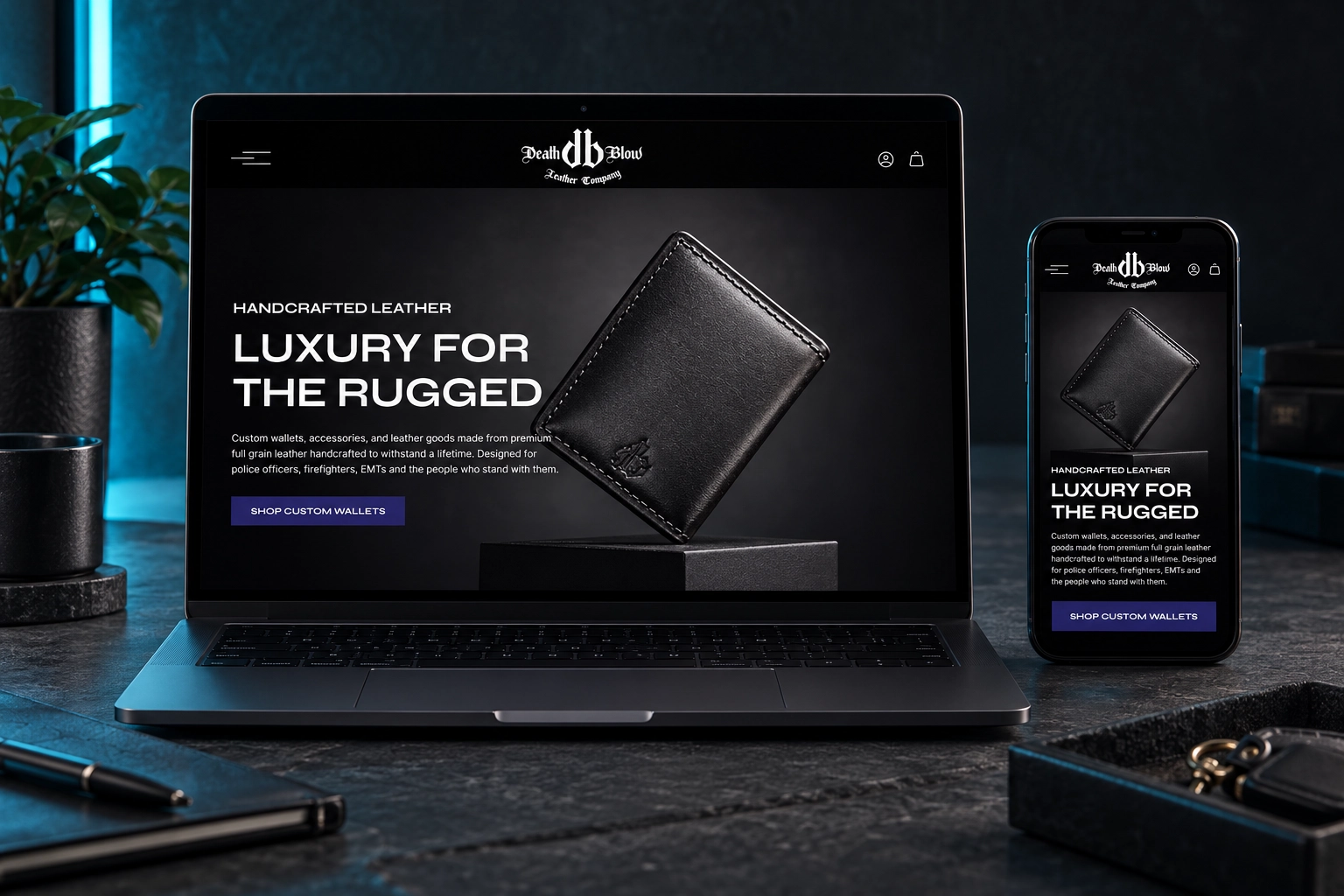 Death Blow Leather Company website shown on a laptop and a phone