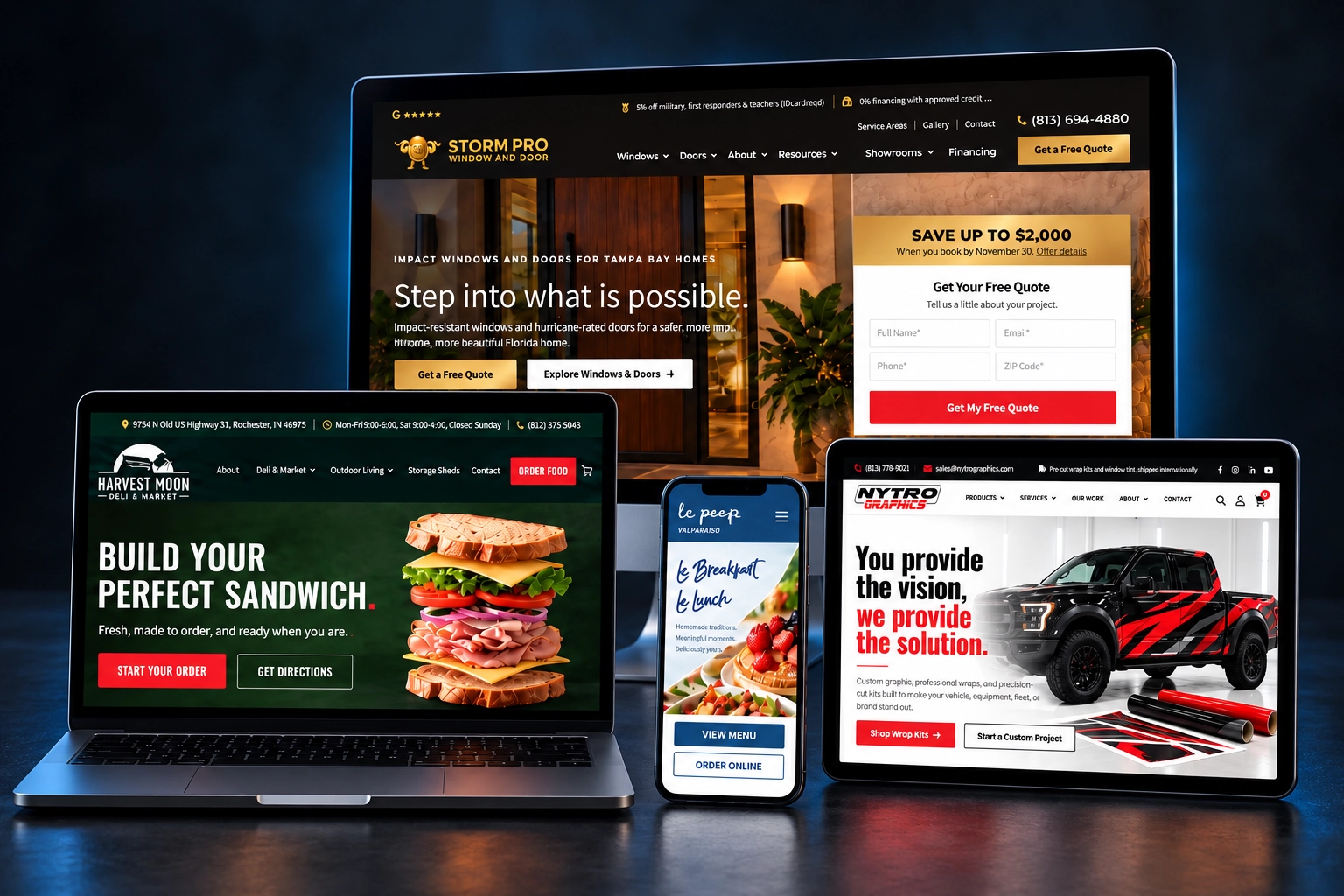 Four JWM-built client websites shown on a desktop monitor, laptop, tablet and phone