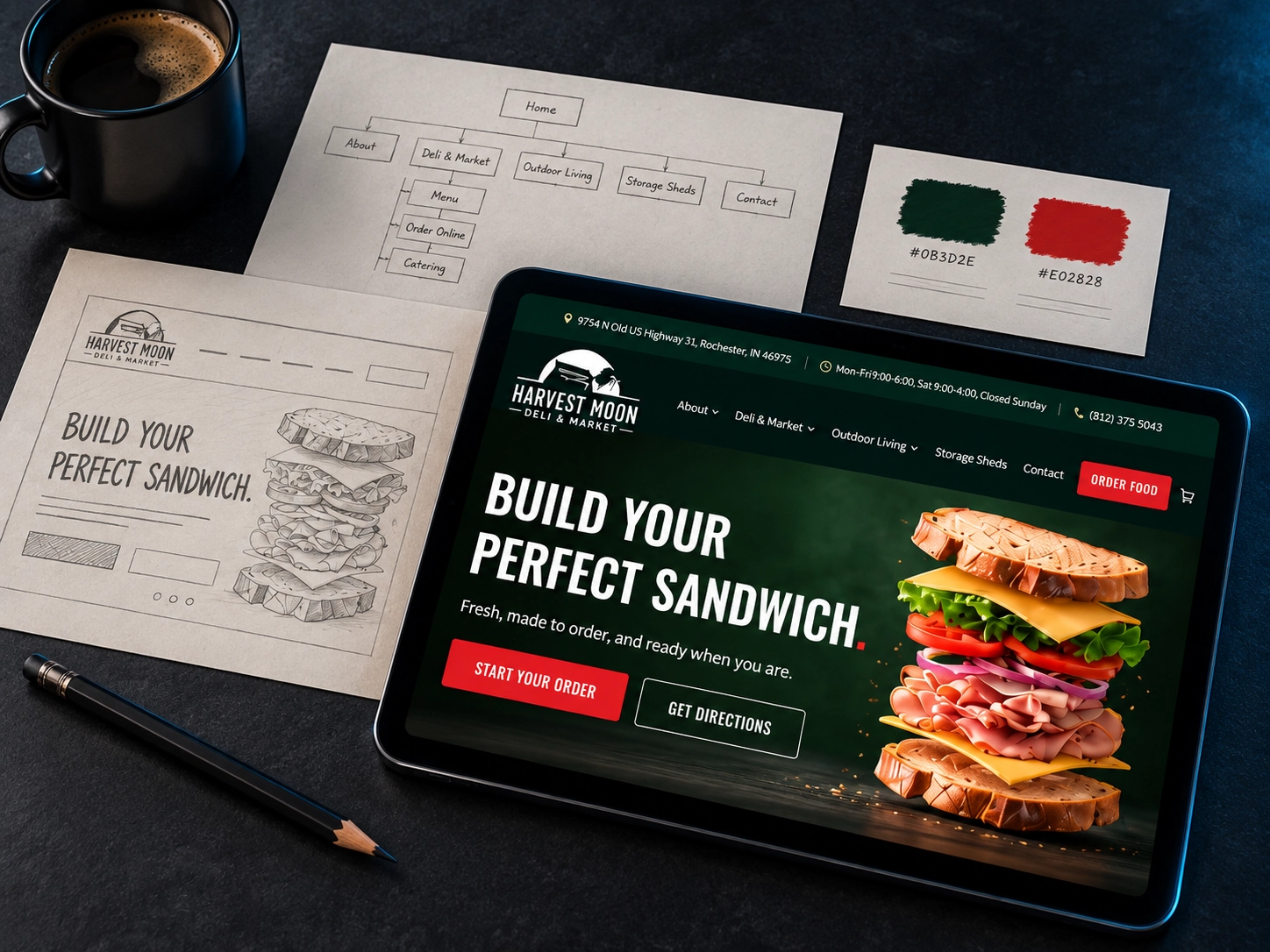 Harvest Moon Deli and Market website shown from sitemap and wireframe sketches to the finished design on a tablet