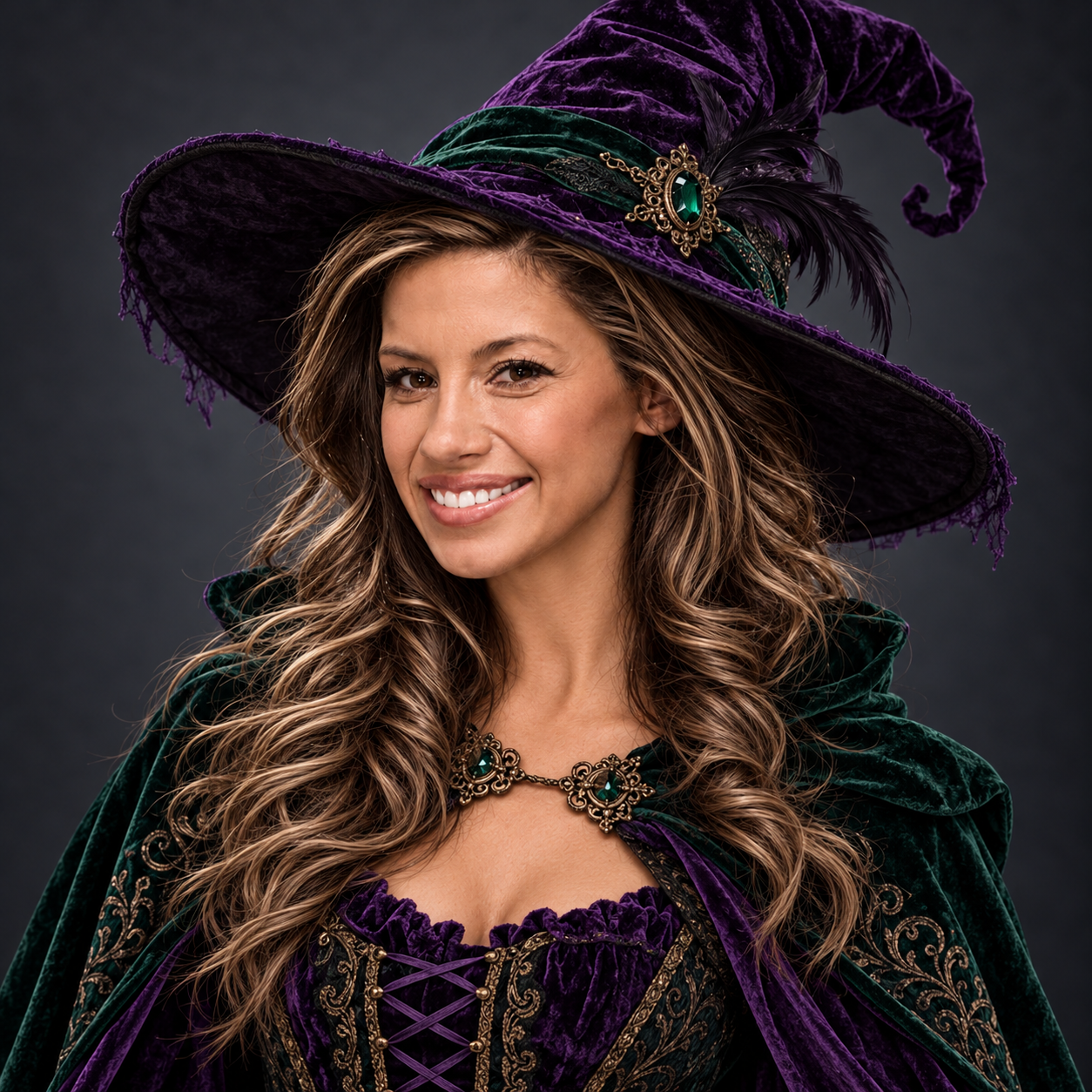 Nicole McCart in a purple and emerald witch costume for Halloween